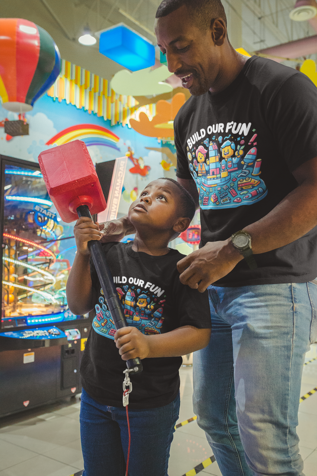 Unisex Black Cotton Graphic Tees for Dad &amp; Kids - Build Our Fun