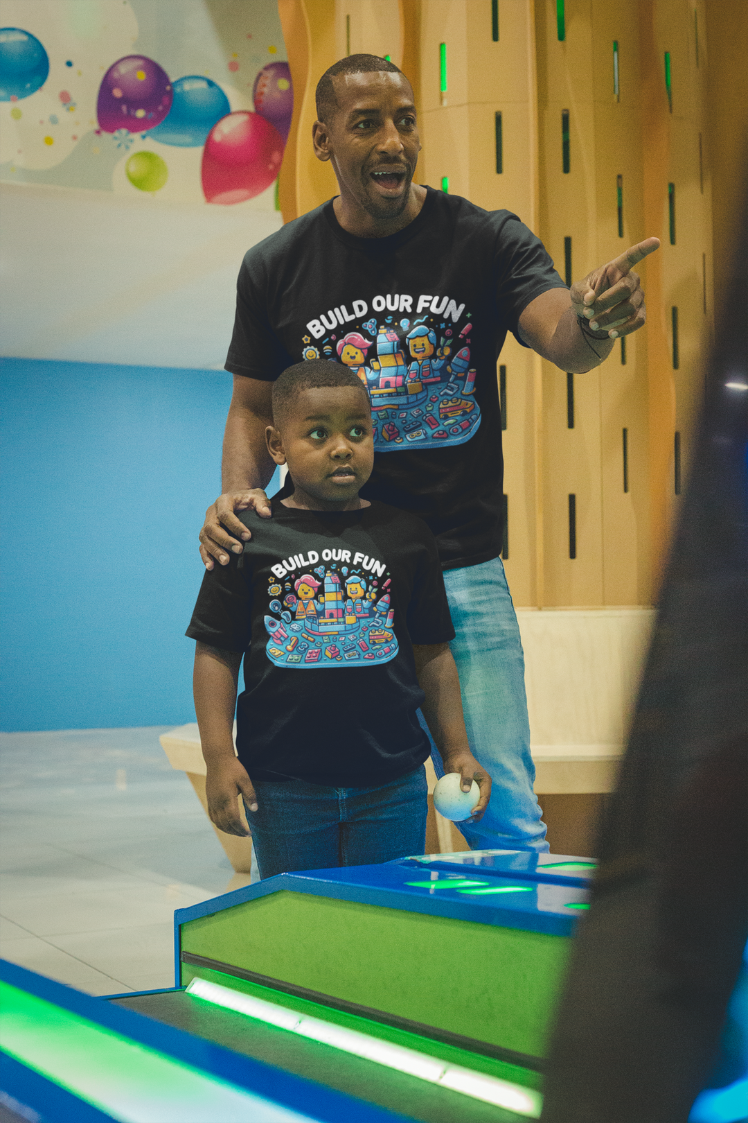 Unisex Black Cotton Graphic Tees for Dad &amp; Kids - Build Our Fun