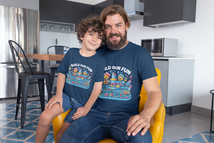 Unisex Navy Blue Cotton Graphic Tees for Dad &amp; Kids - Build Our Fun