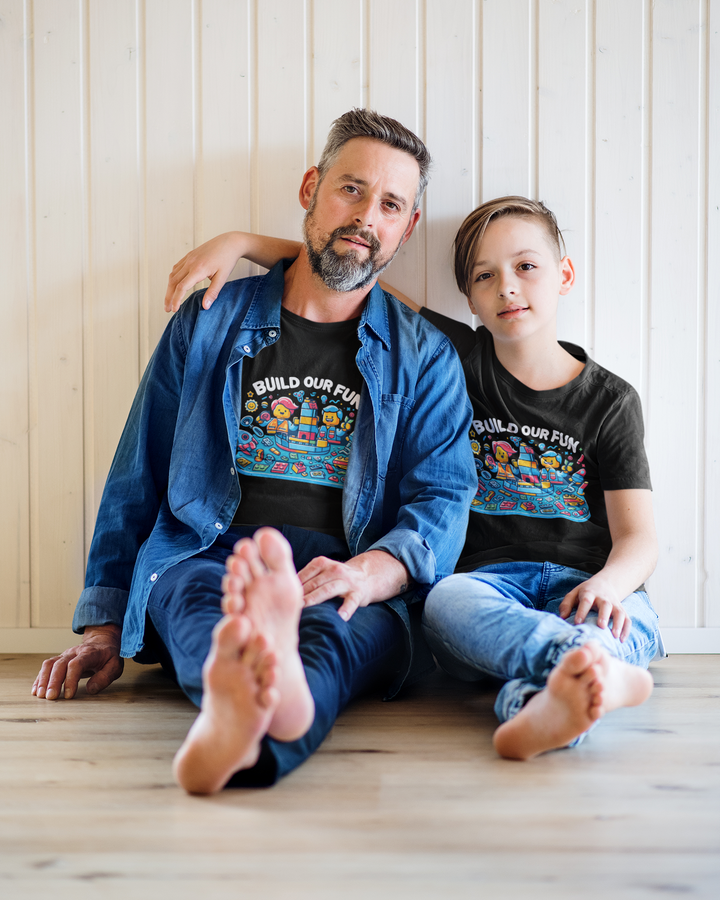 Unisex Black Cotton Graphic Tees for Dad &amp; Kids - Build Our Fun