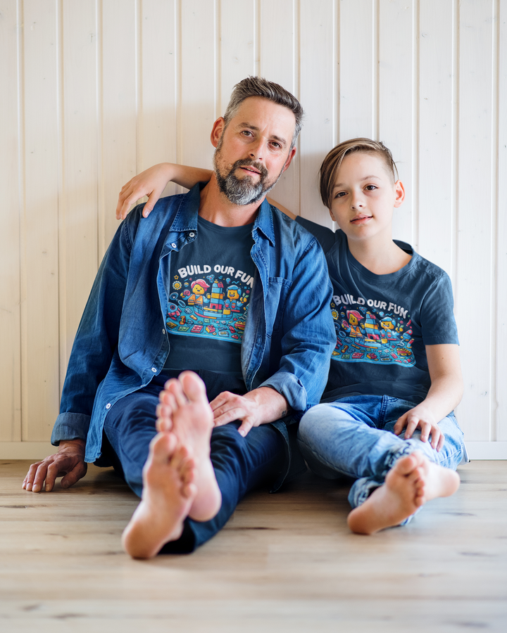 Unisex Navy Blue Cotton Graphic Tees for Dad &amp; Kids - Build Our Fun