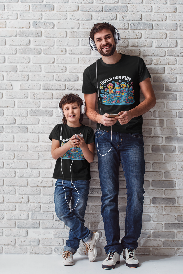 Unisex Black Cotton Graphic Tees for Dad &amp; Kids - Build Our Fun