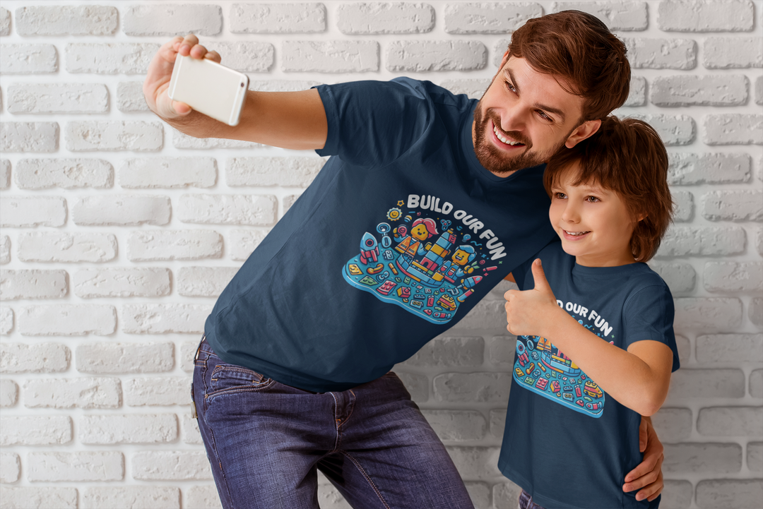 Unisex Navy Blue Cotton Graphic Tees for Dad &amp; Kids - Build Our Fun