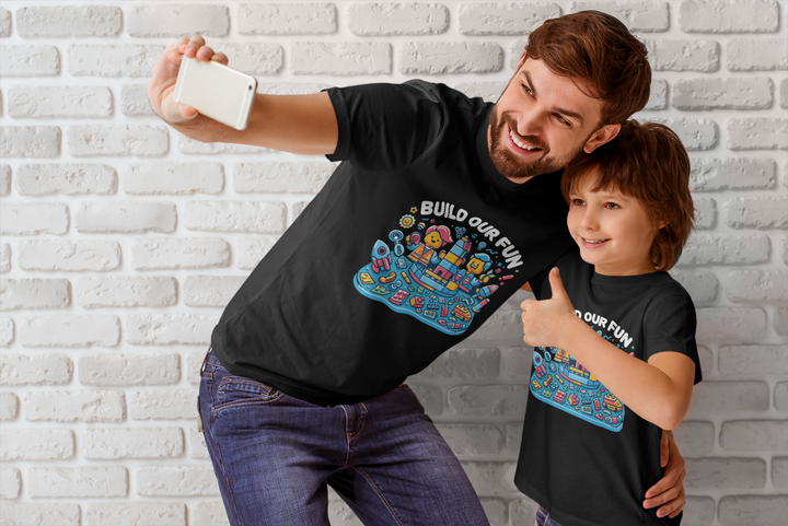 Unisex Black Cotton Graphic Tees for Dad &amp; Kids - Build Our Fun